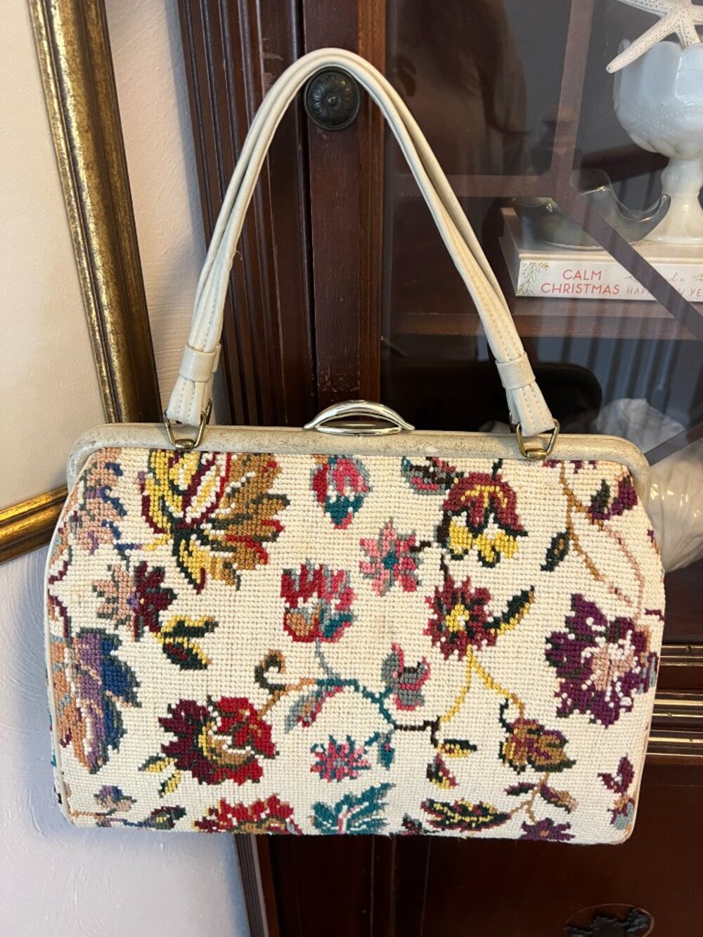 Vintage Needlepoint Crewel Handbag, Floral Tapestry Design, Ivory Leather Frame